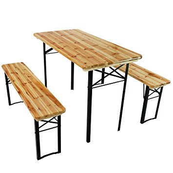 Trestle Table and Bench (3-pc Set) Wooden Folding Camping Outdoor Garden Furniture Table 117/56/77 cm and Bench 117/25/47 cm