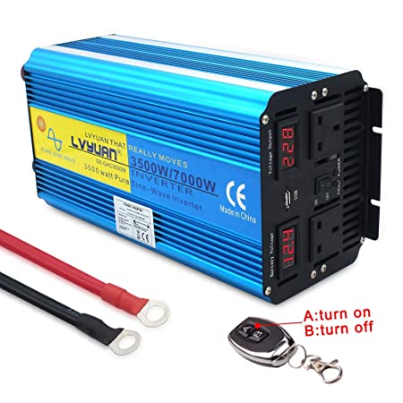 LVYUAN 2020 new Pure Sine Wave Power Inverter 3500W /7000W DC 12V to AC 230V/240V converter with wireless remote controller & dual AC outlets & USB for RV Truck Car