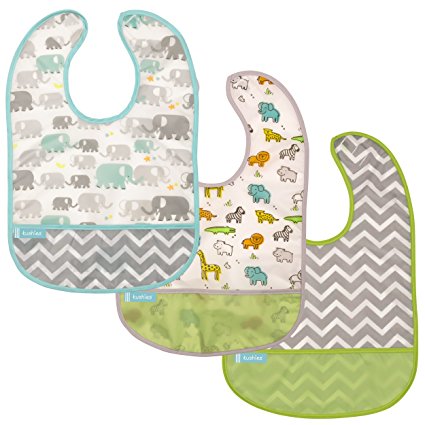 Kushies Baby B1173-3 Clean Bib Waterproof-Bib, White Little Safari/White Elephants/Green Chevron, 12-Month-Plus