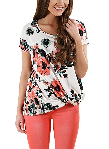 Dokotoo Womens Summer Casual Short Sleeve Floral Knot Blouse Tops and T-Shirts