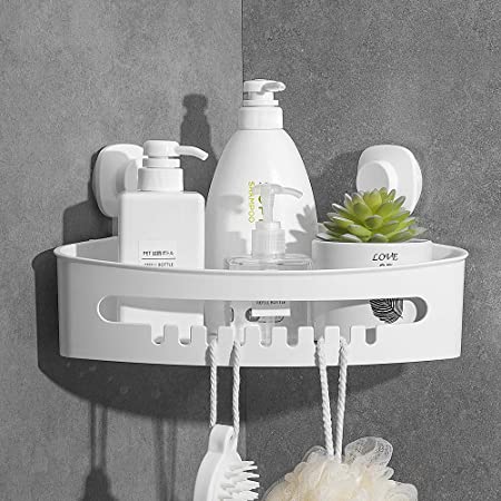 Corner Shower Caddy Suction Cup - Luxear Wall Mounted Shower Shelf Bathroom Storage Basket - No-Drilling Removable Plastic Storage Organizer for Bathroom Shower Kitchen - White