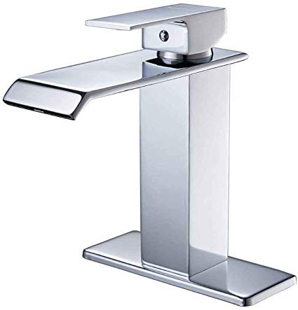 Era Chrome Waterfall Bathroom Sink Faucet Commercial Single Handle One Hole Lever Extra Large Rectangular Spout Lavatory Basin Deck Mount Mixer Tap Supply Hose Lead-Free