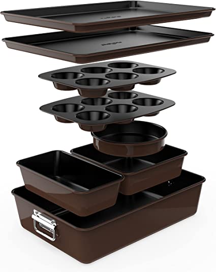 8-Piece Nonstick Stackable Bakeware Set - PFOA, PFOS, PTFE Free Baking Tray Set w/Non-Stick Coating, 450°F Oven Safe, Round Cake, Loaf, Muffin, Wide/Square Pans, Cookie Sheet (Brown)