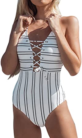 CUPSHE Women's Black White Crisscross Lace Up One Piece Swimsuit