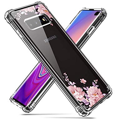 Hocase Galaxy S10 Plus Case, SM-G975 Case, Shock Absorption TPU Rubber Bumper Corners Anti-Scratch Clear Hard Back Hybrid Slim Protective Case for Samsung Galaxy S10 Plus 2019 - Rose Gold Flowers