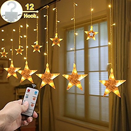 Star Curtain Lights, Christmas String lights 7.2Ft 108 LEDs with Remote Control, Window Fariy Light Indoor Decorative for Party Wedding Bedroom Garden (Warm White)