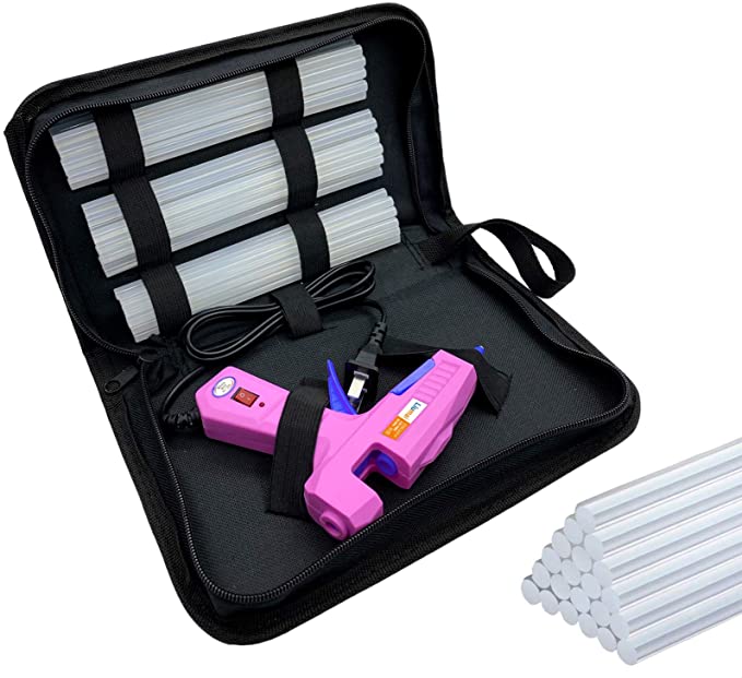 Liumai Hot Glue Gun Kit with Glue Sticks (7.2" Long x 0.27" Diameter, 30 Count, Clear Mini Hot Melt Glue Gun & Case (8.4" x 6.3" x 2", Black) for Crafting, DIY, and Home Repair Pink-Blue