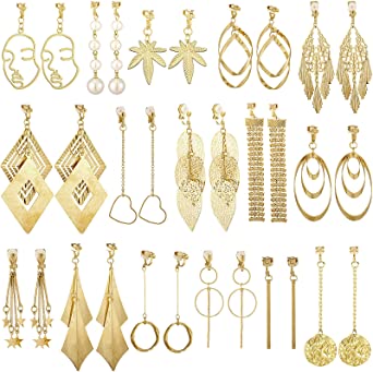 16 Pairs Clip on Drop Dangle Earrings Set Bohemian Tassel Pendant Clip Earrings Gold Plated Ear Clips Non-Piercing Pendant Earrings for Women