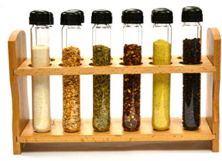 Hand Made Test Tube Spice Rack, Wooden Rack with 12 Borosilicate Glass Test Tubes (6" Long, 1" Dia.) with Caps and Funnel