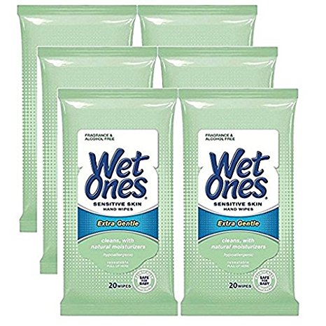 Wet Ones Sensitive Skin Hands & Face Wipes, 20 Count Travel Pack (Pack of 6)