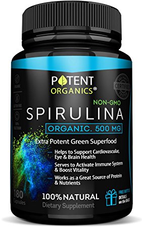 Eco-Pure Spirulina 500 mg – Organic, 100% Vegetarian & Non-GMO – No After Taste and Easy to Swallow – Non-Irradiated Superfood – 180 Capsules with Spirulina Powder – Made in USA