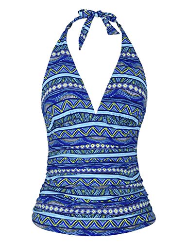 Hilor Women's Plunging V Neck Halter Swim Tops Shirred Tankini Top