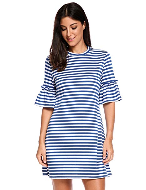 Beyove Women's Flare Half Sleeve Striped Loose Tunic T Shirt Dress Knee Length