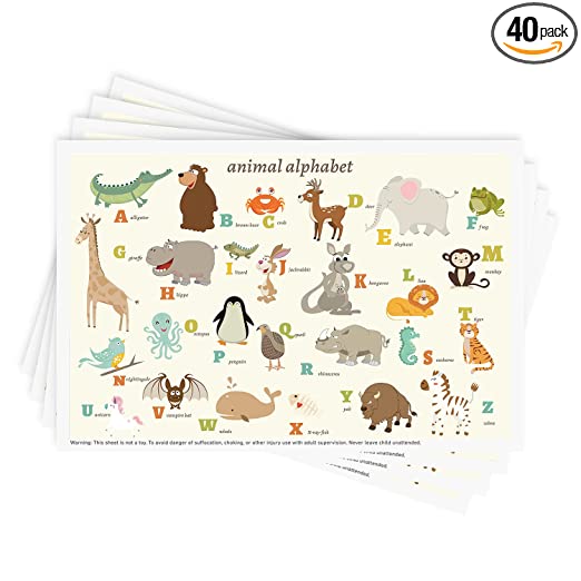Disposable Stick-on Placemats 40 Pack for Baby & Kids, Restaurant Table Topper Mat 12" x 18" Sticky Place Mats, Toddler Baby Placemat, Animal Alphabet Theme