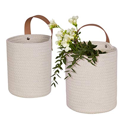 Wall Hanging Storage Baskets Set of 2 - Small Cotton Rope Handle Storage Organizer, Woven Baskets for Baby Nursery Kids Gift