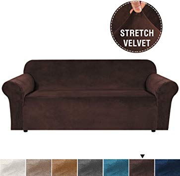 H.VERSAILTEX Real Super Velvet Plush Sofa Cover/Slipcover with Extra 2 Straps (1 Piece Style) Rich Velvet High Stretch Slip Resistant Stylish Furniture Cover Couch Covers for 3 Seat (Sofa, Brown)