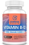 Vitamin B-12 - 1000 MCG Supplement for Best B12 Support - Converts Foods to Help Boost Natural Energy Levels - Benefits Heart Digestive and Brain Function - 160 Timed Release Tablets - Zenwise Labs