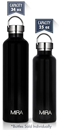 MIRA 34 oz or 25 oz Stainless Steel Vacuum Insulated Water Bottle | Keeps Your Drink Cold for 24 hours & Hot for 12 hours, Does Not Sweat | Large Capacity Sports Water Bottle with 2 Lids