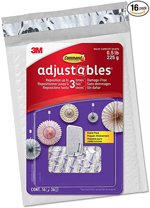 Command Adjustables Repositionable Hooks, hold up to 0.5 lb, 16 Hooks and 36 Strips