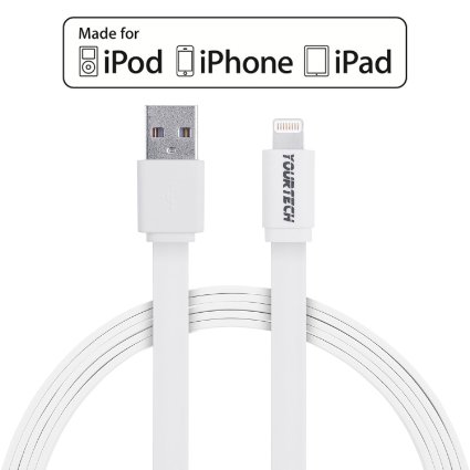Apple Certified YourTech Lighting Cable 6  feet  2 Meters Flat Tangle Free Design Extra Durable 2 yr warranty guaranteed Charge and Sync Compatibility with iPhone 6 6 plus 5S 5C and 5 iPad iPod - White