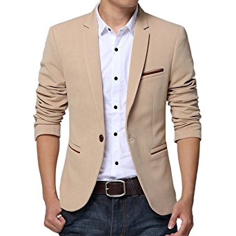 Pishon Men's Slim Fit Suits Casual One Button Flap Pockets Solid Blazer Jacket