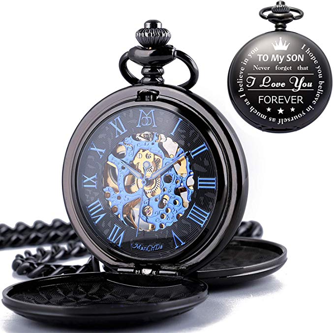 ManChDa Mechanical to My Son Double Cover Roman Numerals Dial Skeleton Personalized Engraved Pocket Watches with Gift Box and Chain Customized Customization Custom Engraving Gift for Son