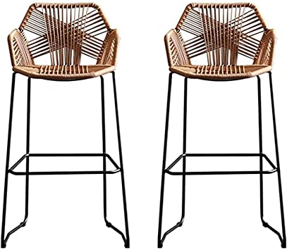 Beige Rattan Bar Stool Rattan Wicker Barstools Chair with Footrest & Back, Simple Style High Bar Stool with Black Metal Base, for Kitchen Pub Café Counter Home Back Rattan Dining Chair