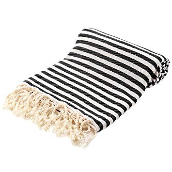 Striped Turkish Peshtemal Towel - Striped Beach Towel 39 x 71 inches - Turkish Towel - 100% Turkish Cotton (Black)
