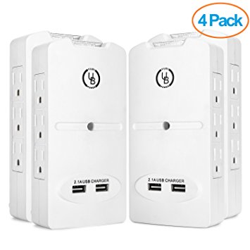 Yubi Power 6 Outlet Power Plug Surge Protector Wall Tap Side-entry with 2 USB Ports 2.1A 300 Joules - White - ETL Listed - 4 Pack