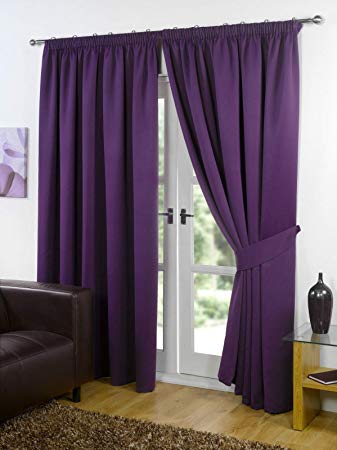 RAYYAN LINEN Thermal Pencil Pleat Blackout Tape Top Pair of Curtains With Free Tiebacks (66" X 90", Aubergine (Purple))
