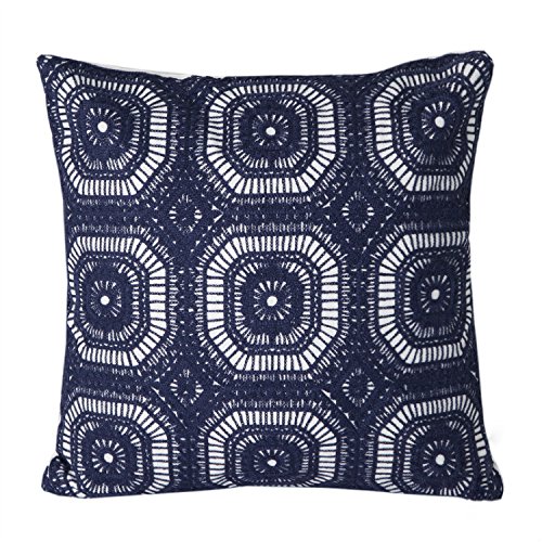 Mika Home Cotton Embroidery Geometric Circles Accent Decorative Pillow Case Cushion Cover for 18X18" inserts Navy White