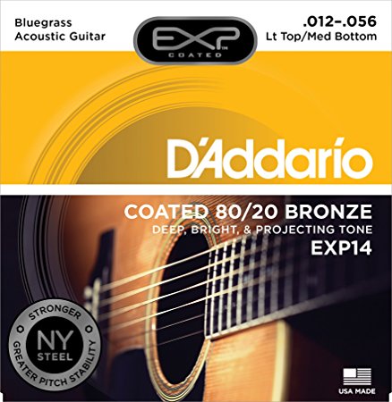 D'Addario EXP14 with NY Steel 80/20 Bronze Acoustic Guitar Strings, Coated, Light Top/Medium Bottom/Bluegrass, 12-56