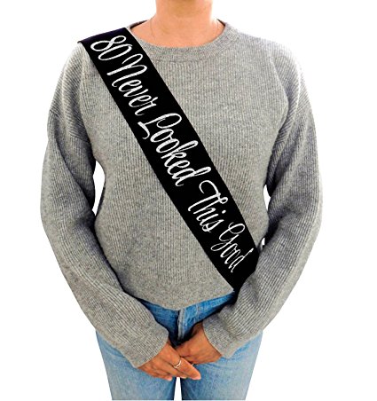 “80 Never Looked This Good” Black Glitter Satin Sash – Happy 80th Birthday Party Supplies, Ideas and Decorations- Funny Birthday