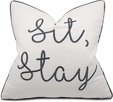 EURASIA DECOR Sit Stay Quote Embroidered Decorative Square Accent Throw Pillow Cover - Gifts for Dog Lover, Pet Lover, Home - 18x18 Inches, Ivory
