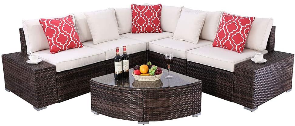 Do4U 6 Pieces Patio Furniture Sets PE Brown Wicker Rattan Outdoor All Weather Sectional with Cushions and Coffee Table