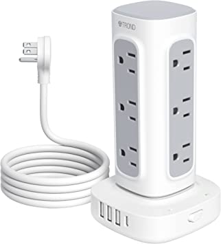 Power Strip Tower Surge Protector – TROND 6ft Flat Plug Extension Cord with 12 Multiple Outlets, 3 USB Ports, 1 USB C Charger, 0.55in Wall Plug, Home Office Desk Accessories, Dorm Room Essentials