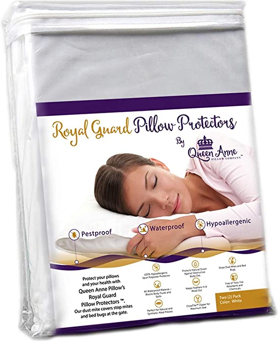 Royal Guard Pillow Protectors and Dust Mite Covers by Queen Anne Pillow (2 Pack fits Standard/Queen)