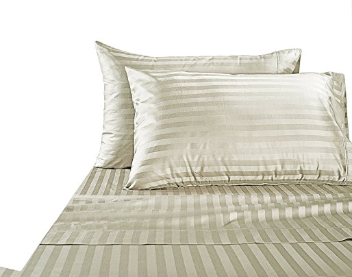 Mayfair Linen Bedding 100% Egyptian Cotton 600 Thread Count DAMASK STRIPE Sheet Set Queen Size - IVORY