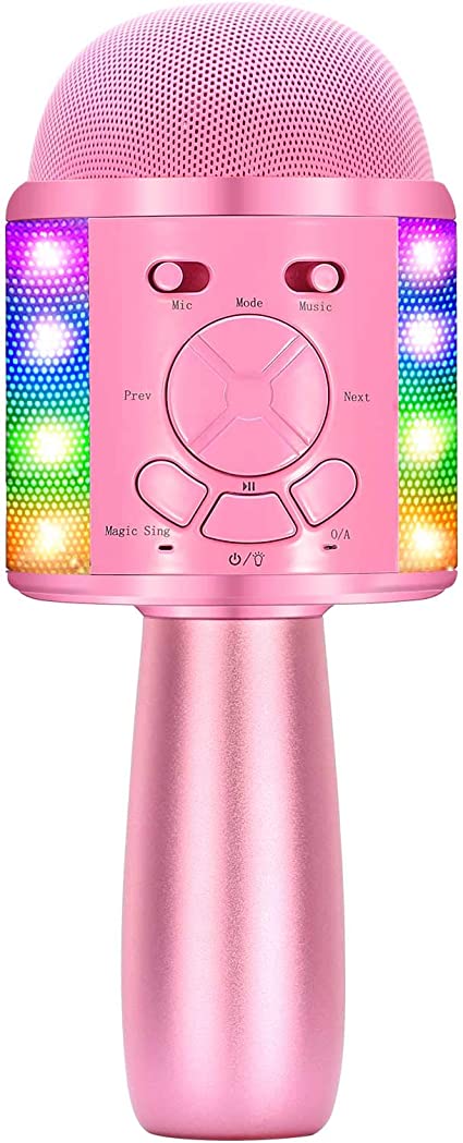 BONAOK Karaoke Microphone for Kids, Portable Wireless Bluetooth Singing Mic with Flashing Lights & Magic Voices, Fun for Girls and Boys Home Party Birthday (Pink)