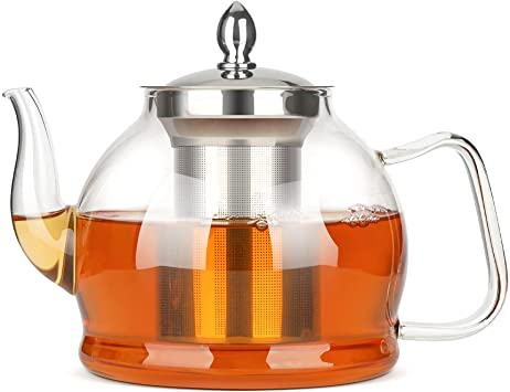 ComSaf 40OZ Glass Teapot with Removable Infuser, Stovetop Safe Tea Pot with Stainless Steel Strainer & Lid, Borosilicate Glass Tea Maker with Filter for Blooming and Loose Leaf, Clear