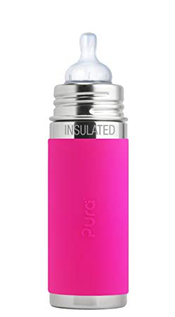 Pura Kiki 9 oz / 260 ml Stainless Steel Insulated Infant Bottle with Silicone Medium-Flow Nipple & Sleeve, Pink (Plastic Free, NonToxic Certified, BPA Free)