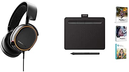 SteelSeries Arctis 5 - RGB Illuminated Gaming Headset with DTS Headphone:X v2.0 Surround - Black & Wacom CTL4100 Intuos Graphics Drawing Tablet with 3 Bonus Software Included, 7.9”x 6.3″, Black