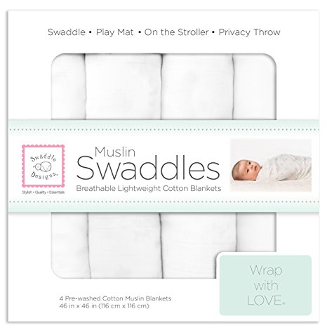 SwaddleDesigns 4 Piece Muslin Swaddle Blankets, Pure White