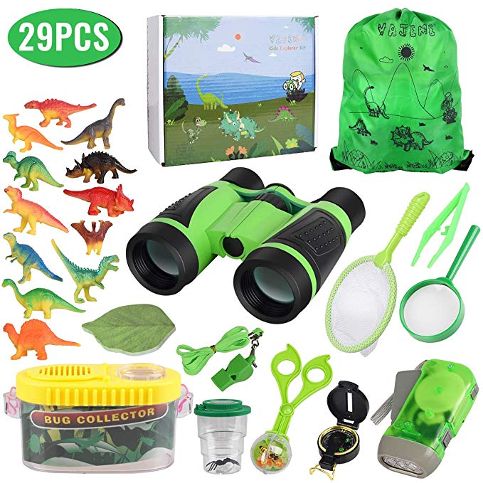 Outdoor Explorer Kit for Kids with Dinosaur Toy, Adventure Exploration Toys, Bug Catching Set of 29,Binoculars,Magnifying Glass, Whistle, Butterfly Net, Bug Viewer for Backyard Camping Hiking