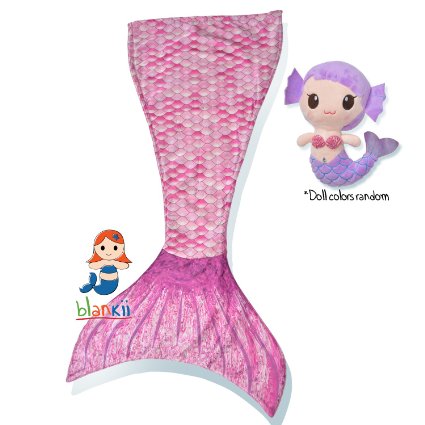 Blankii Kids Mermaid Tail Blanket with Mia Mermaid Doll, Pink Scales