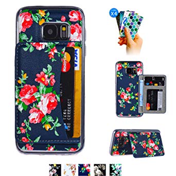 Galaxy S7 Edge Card Case,Galaxy S7 Edge Wallet Case,Tripky Flower Floral Flip Folio Wallet Cases PU Leather Magnetic Holster Phone Case for Galaxy S7 Edge with [kickstand][3 Card Slots]-Red&Blue