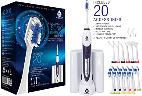 PURSONIC S520 White Ultra High Powered Sonic Electric Toothbrush with Dock Charger, 12 Brush Heads & More! (Value Pack)