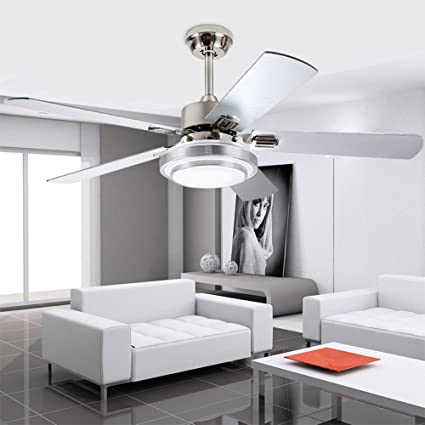 42-Inch Contemporary LED Ceiling Fan 5 Silver Wood Blades and Remote Control 3-Light Changes Indoor Mute Energy Saving Fan Chandelier for Home Decoration