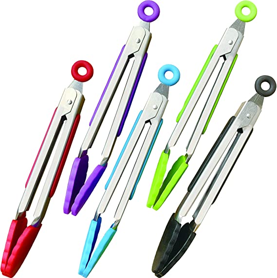5pcs 7 Inch Silicone Tongs Mini Kitchen Tongs with Silicone Tips Small Serving Tongs Stainless Steel Cooking Tongs for Salad, Grilling, Frying and Cooking