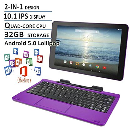 RCA Viking Pro Flagship Purple Edition 10.1 Touchscreen 2 In 1 Tablet Laptop, Detachable Keyboard, Free Office Moblie APP, Quad-Core Processor,32G storage, IPS Display, Android 5.0 Lollipop